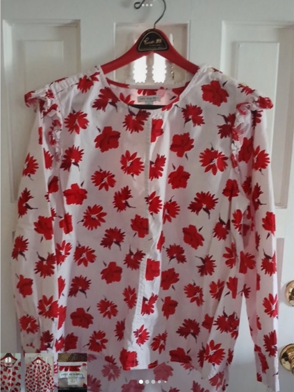 Women’s White Button-Front Blouse with Red Floral Print